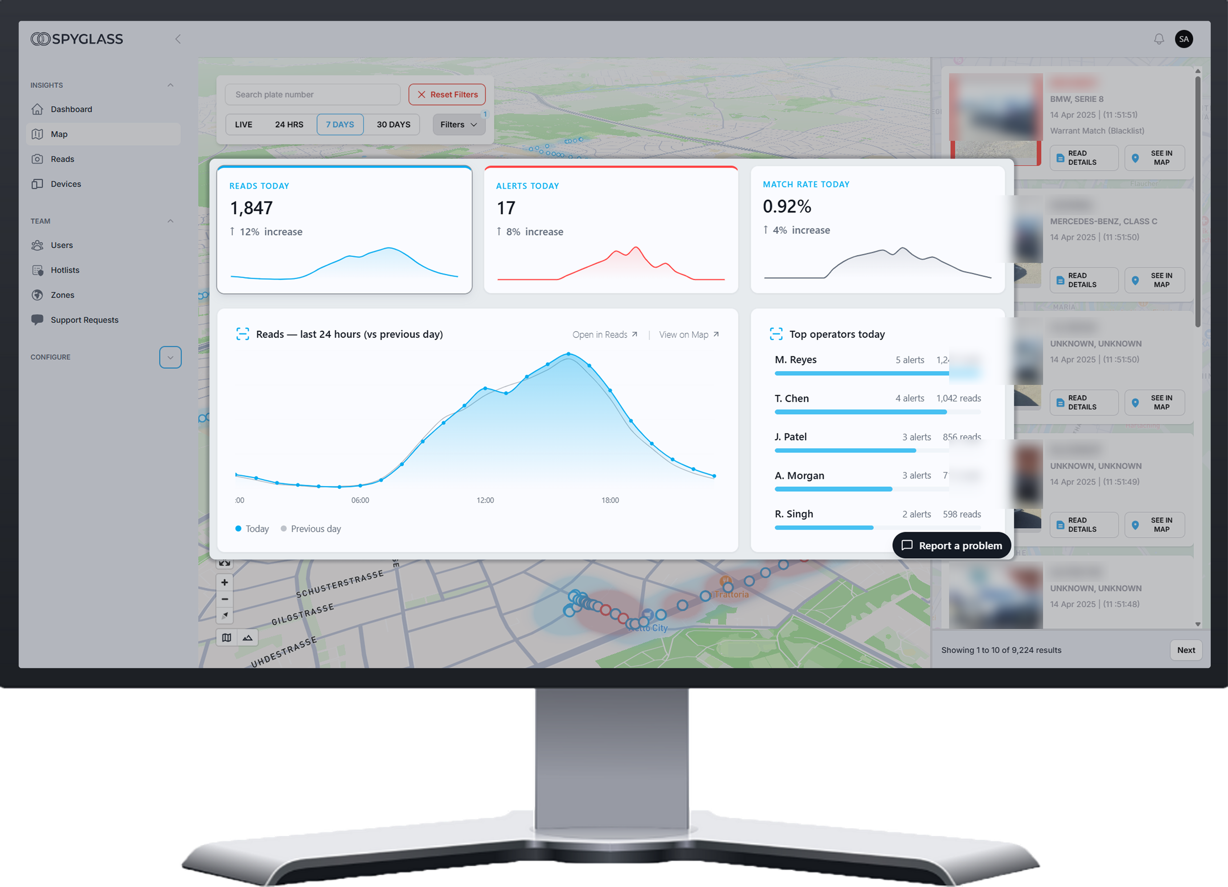 Trellis on an office monitor: a team and its devices on one side, the day's reads and alerts on the other