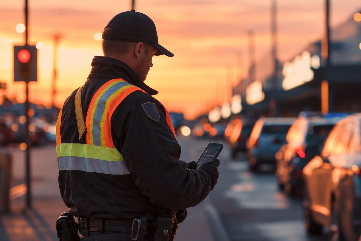 An enforcement officer checking a handheld device beside a row of parked cars at dusk